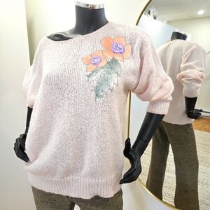 Vintage Jessica Sears Pink Floral Knit Sweater L